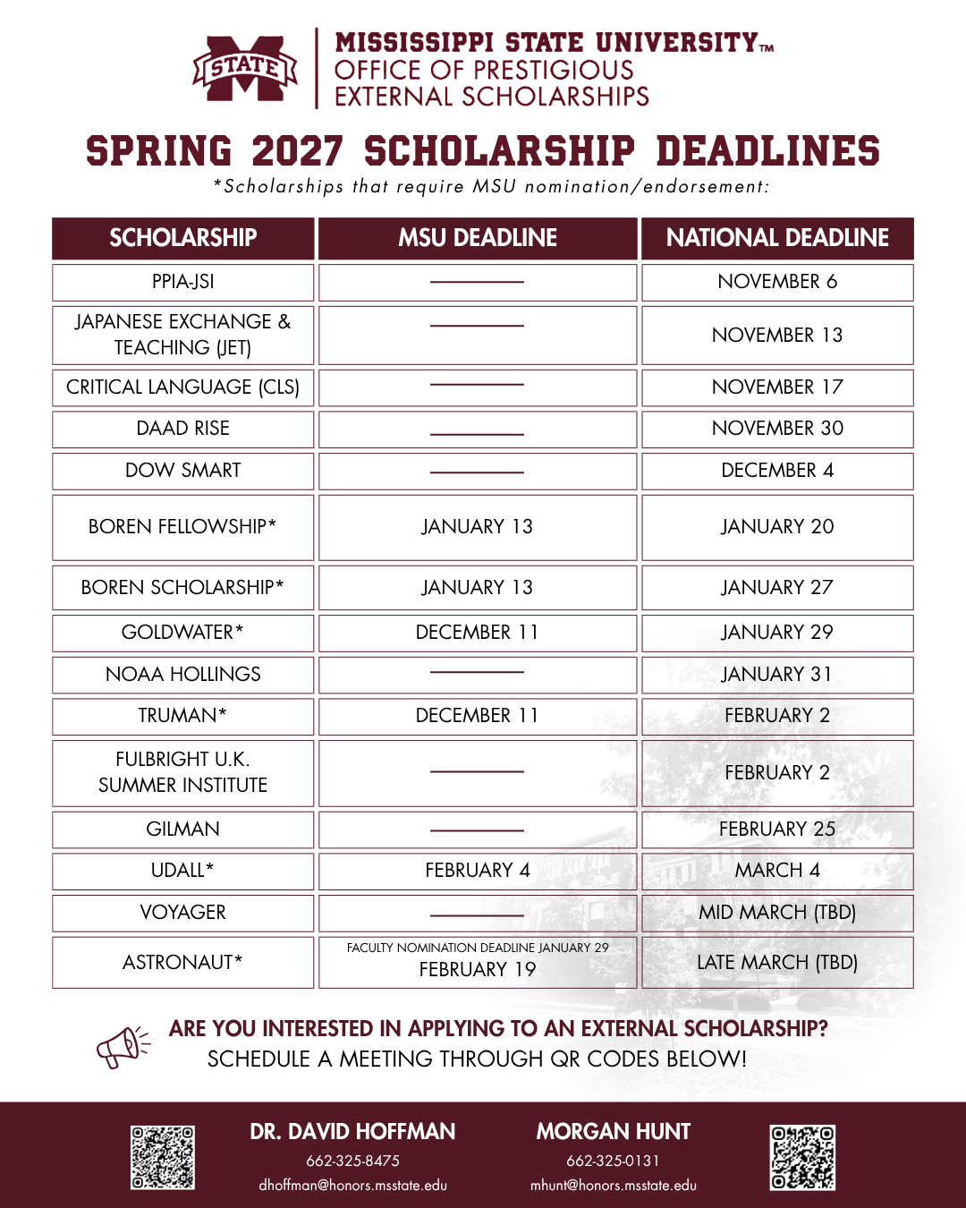 Office of Prestigious External Scholarships Spring 2027 Deadlines